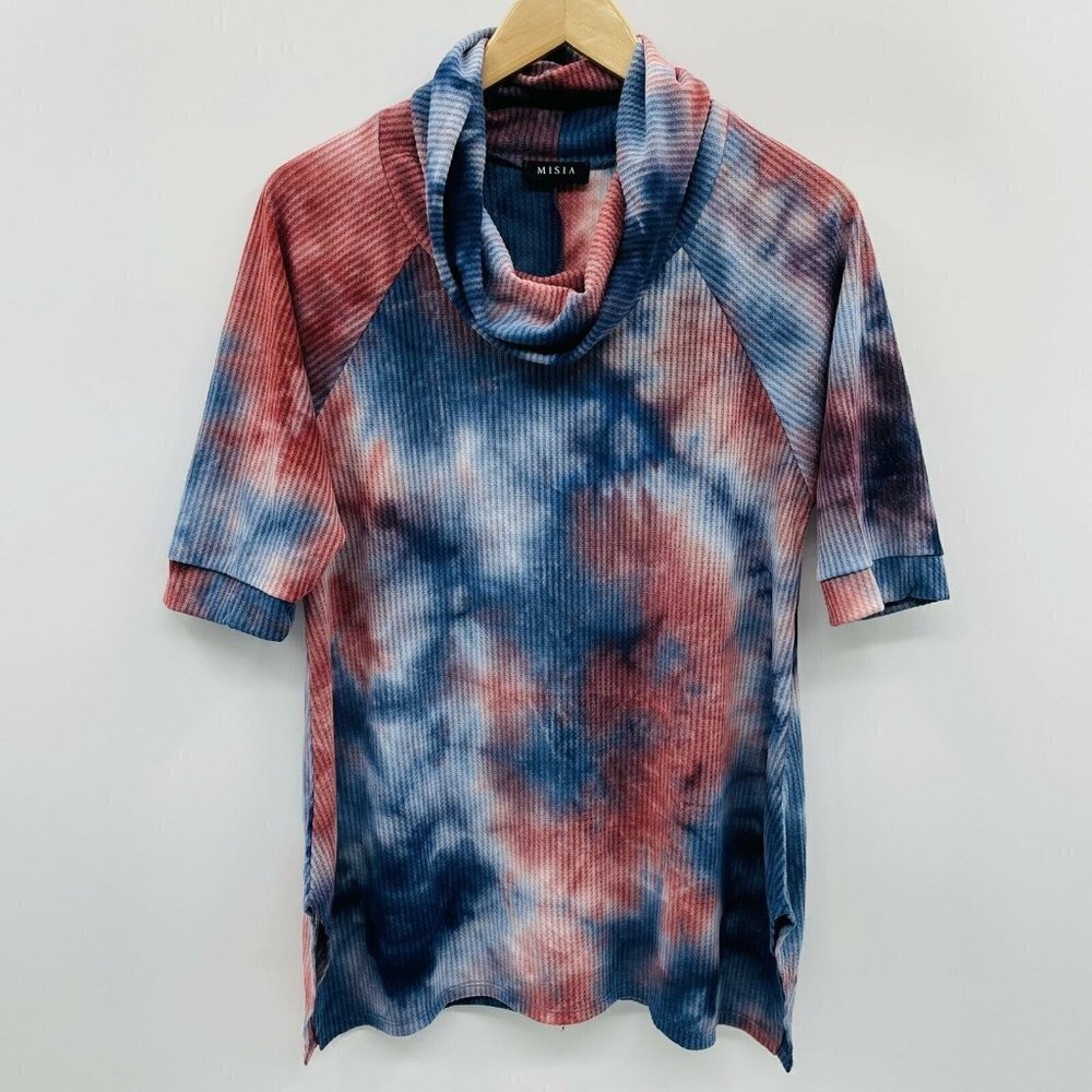 Misia Fashion Womens Size Small Cowl Neck Tie Dye‎ Waffle Knit Top Blue Red 1135